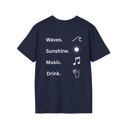 Waves. Sunshine. Music. Drink. Beach vibes shirt