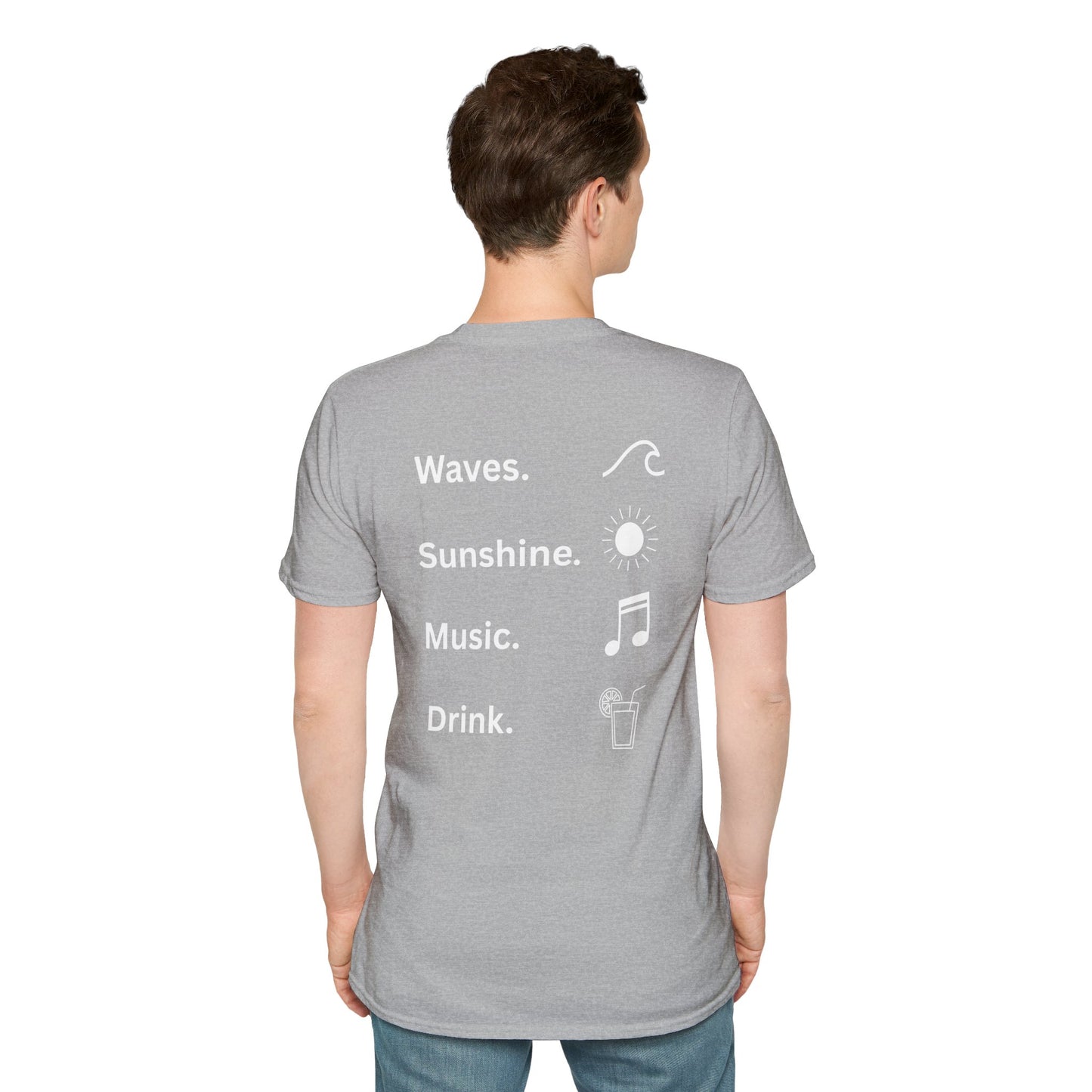 Waves. Sunshine. Music. Drink. Beach vibes shirt