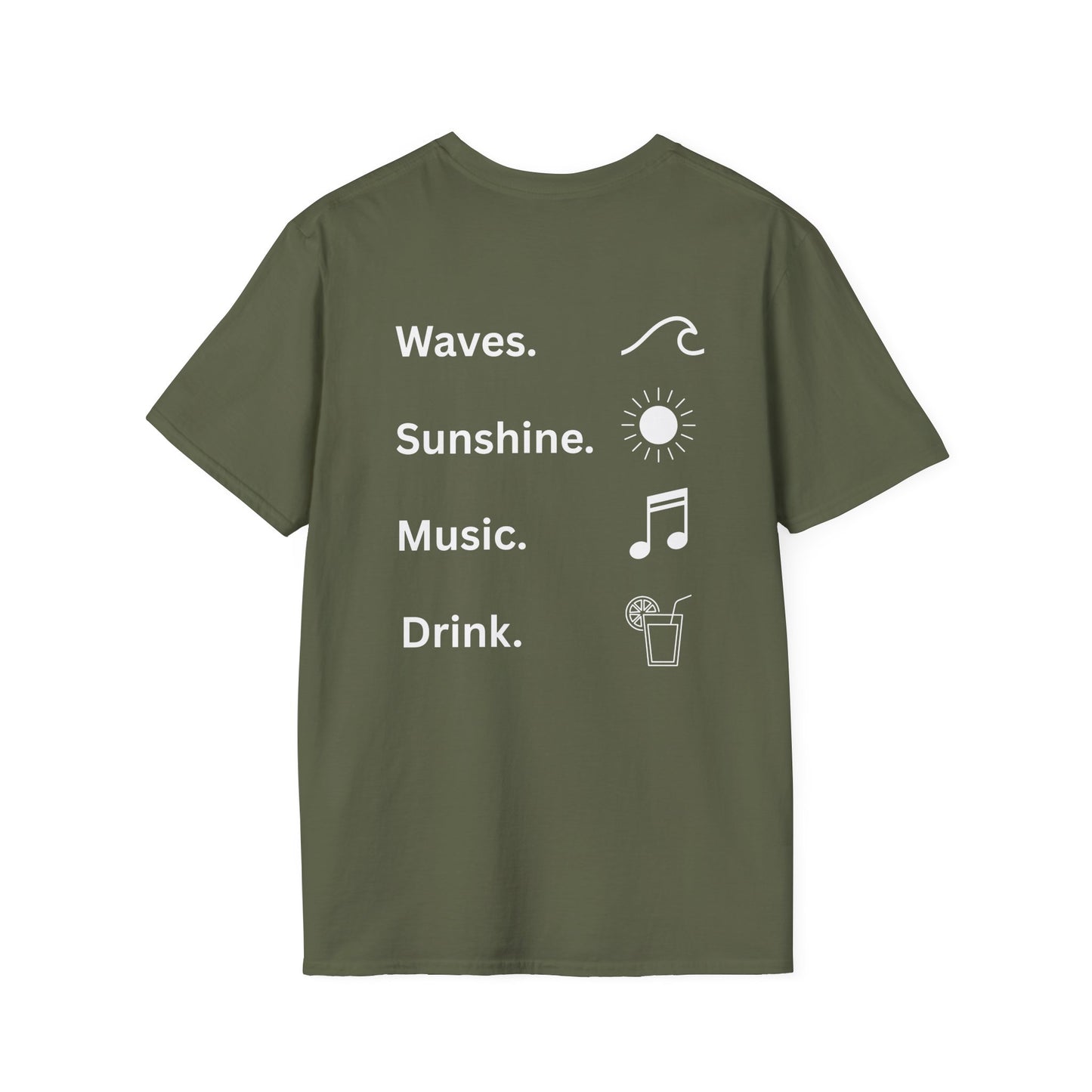 Waves. Sunshine. Music. Drink. Beach vibes shirt