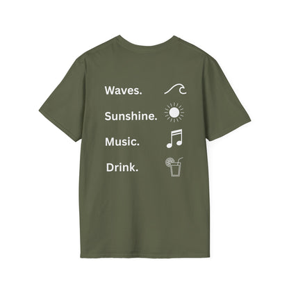Waves. Sunshine. Music. Drink. Beach vibes shirt